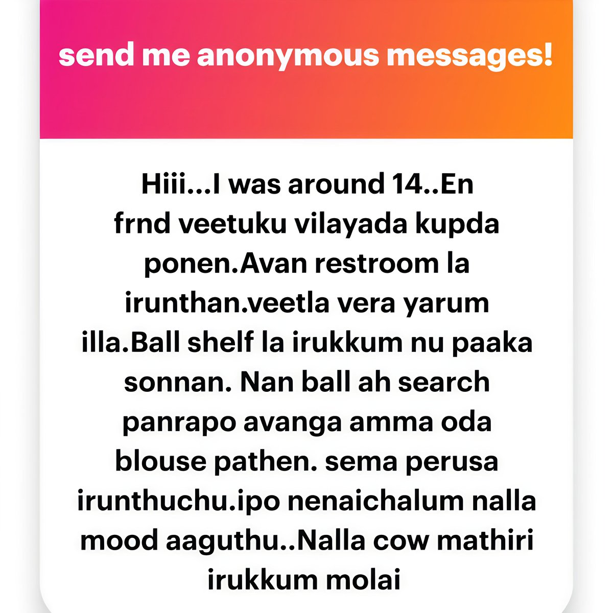 dd_confession_'s tweet photo. Chinna vayasula fnd amma lam chumma nachunu irupanga 🥵
But ipolam nee solra mari half kelavi agirpanga...

DM me to make a full confession or Add it in NGL anonymously 📩

https://t.co/vwHfbujTcT https://t.co/slKQEzqnKj