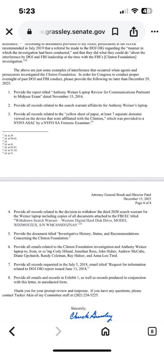 MarioNawfal's tweet photo. 🚨🇺🇸 EPSTEIN TIES TO HILLARY CLINTON COULD BE LOCKED BEHIND A LAPTOP, AND SEN GRASSLEY WANTS IT NOW!

Senator Chuck Grassley's turning up the heat with a Dec 15 letter to AG Pam Bondi and FBI Director Patel, demanding a pile of docs by today!

He wants everything from Anthony Weiner's infamous laptop (seized back in 2016 with thousands of Clinton-linked emails) to past DOJ roadblocks on Clinton Foundation probes.

We're talking search warrants, affidavits, emails tied to the Clintons, Huma Abedin, and even a 2018 OIG report request. 

Grassley cites whistleblowers exposing Obama-era interference, like FBI brass choking off access to Weiner's device during the 2016 election mess.

Back then, Comey's "October surprise" review found duplicates but no new charges.

With new records showing McCabe and others shielding the powerful, this could blow open old scandals.

Source:  Grassley Senate Site, @LizCrokin