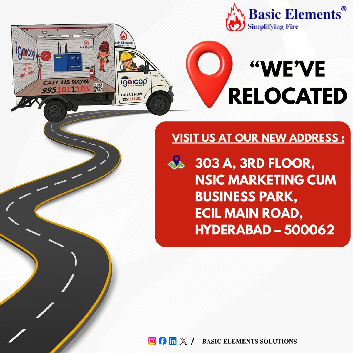 SimplifyingFire's tweet image. 📍 We’ve relocated!
Basic Elements is now at:
303 A, 3rd Floor, NSIC Marketing Cum Business Park,
ECIL Main Road, Hyderabad – 500062
Same expertise. Stronger base.
#BasicElements #OfficeRelocation #FireSafety
