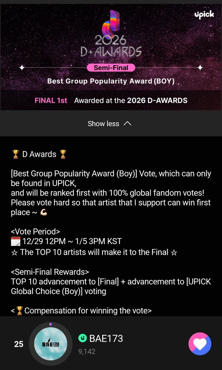 Rita12950338's tweet image. Else the D Awards voting has started you can vote #BAE173 

App📱~ Upick 
Until 🗓 ~ 1/5 3pm kst
🏅~ Top 10 artists will make it to the Final 
s.u-pick.io/dl/ihmtqhNKASn…
Fighting Else we can do it like or rt to tell other ELSE to vote as well 🗳
#BAE173 #비에이이173