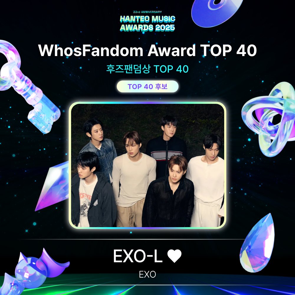 Hanteo_HMAs's tweet photo. #HMA2025 x #Whosfan

🏆 #후즈팬덤상 #WhosFandomAward

💗TOP 40💗
EXO-L ❤️ #EXO 
@weareoneEXO

📍Whosfan Official X
🗓️12/29 15:00 - 1/1 14:59 (KST) https://t.co/QsYJfECCyp