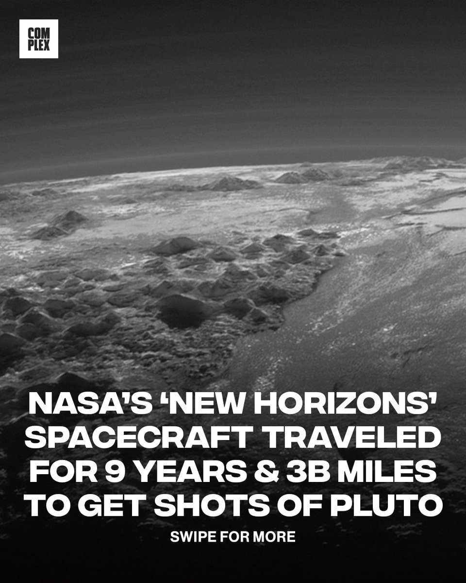 Complex's tweet image. NASA’s ‘New Horizon’s’ spacecraft traveled 3 billion miles over a 9 year span to record this video on Pluto 🤯

About 15 minutes after flying past Pluto, NASA’s New Horizons turned around and grabbed a stunning near-sunset shot. You can see icy plains, towering mountains up to…