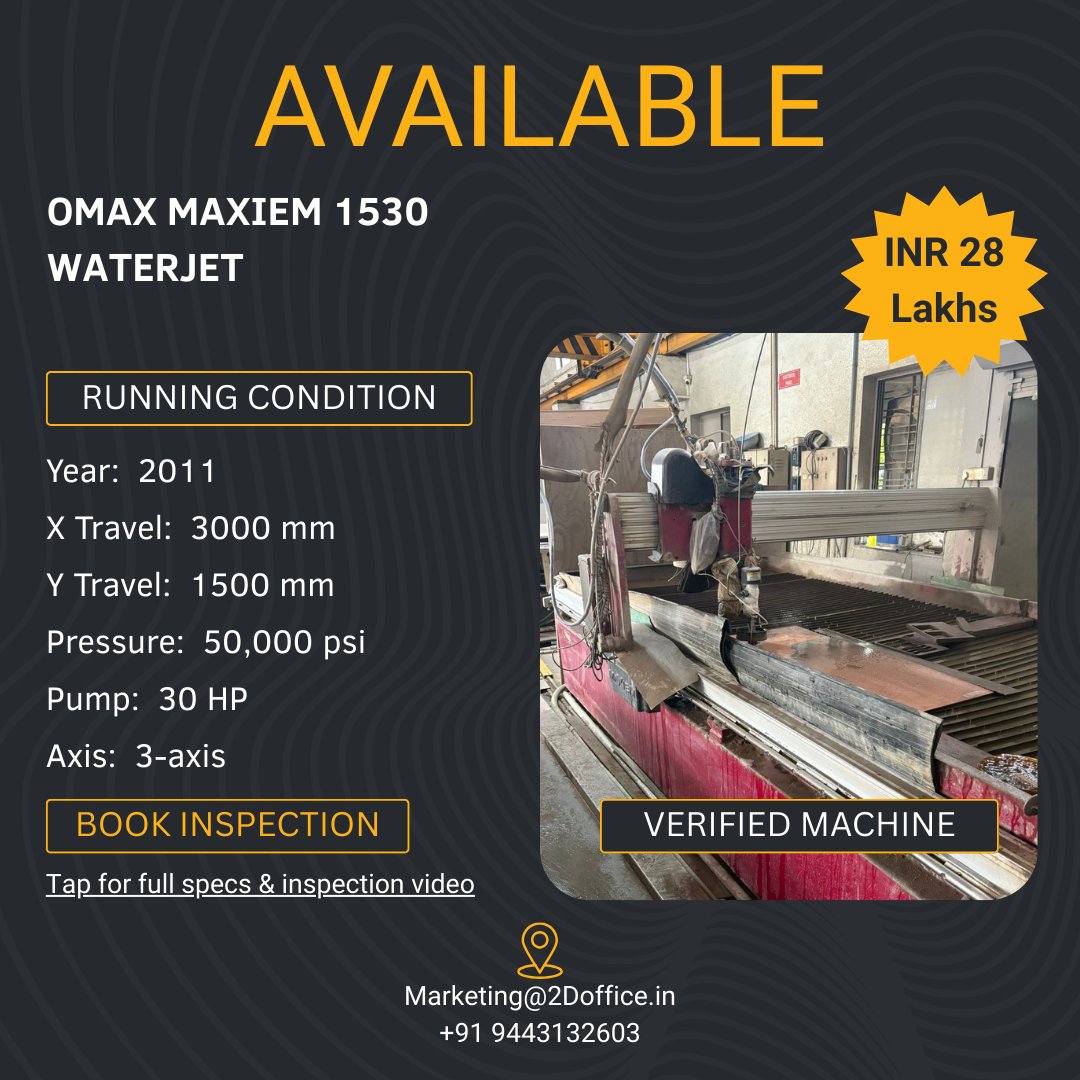 2DoMarktgSolns's tweet photo. Available: OMAX MAXIEM 1530 Waterjet (2011)
✔ Running condition
✔ 3000×1500 mm | 50,000 PSI | 30 HP
💰 Asking: ₹28 Lakhs
📍 Maharashtra

Inspection &amp; video available.
👉 DM for details

#Waterjet #OMAX #UsedMachinery #ManufacturingIndia #CNC https://t.co/TSheJCBQNw https://t.co/ytNt4e6ZkQ