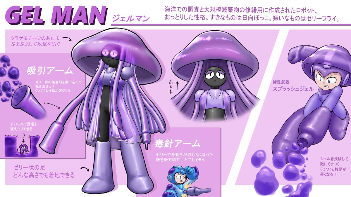 応募部門：ボスデザイン部門
#ロックマンDO　#ボスデザインコンテスト 
ペンネーム：PANDA MAN

GEL MAN ジェルマン
ゼリーとクラゲをモチーフにしたボス！