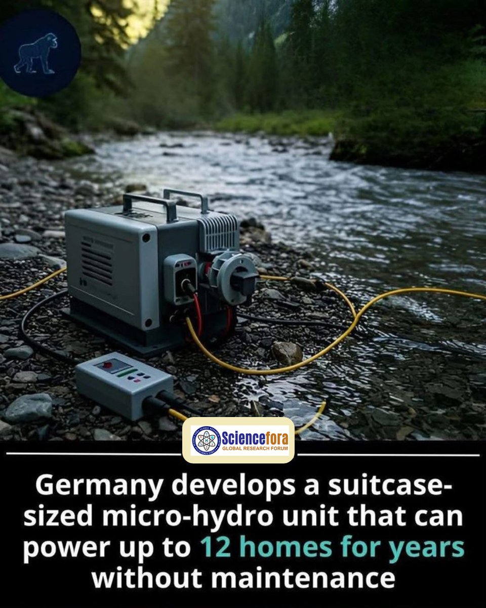 science_fora's tweet photo. Germany has developed a suitcase-sized micro-hydro power unit capable of generating clean electricity for up to 12 homes, operating for years without maintenance.

#Sciencefora #RenwableEnergy #CleanEnergy #Hydropower #GreenTechnology #SustainableFuture #EnergyInnovation https://t.co/6q1mVheWFS
