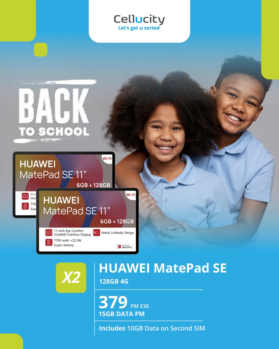 🎒 Back to School Deal!

Get TWO x Huawei MatePad SE 11” 128GB 4G Tablets 

✨ Big 11” display | 128GB storage | 4G connectivity
💸 From R379pm x 36 on #Vodacom 15GB Data
🎁 PLUS 10GB extra data pm for the 2nd tablet

👉 Apply now: bit.ly/3MVo3Bo
 
#BackToSchool #Huawei