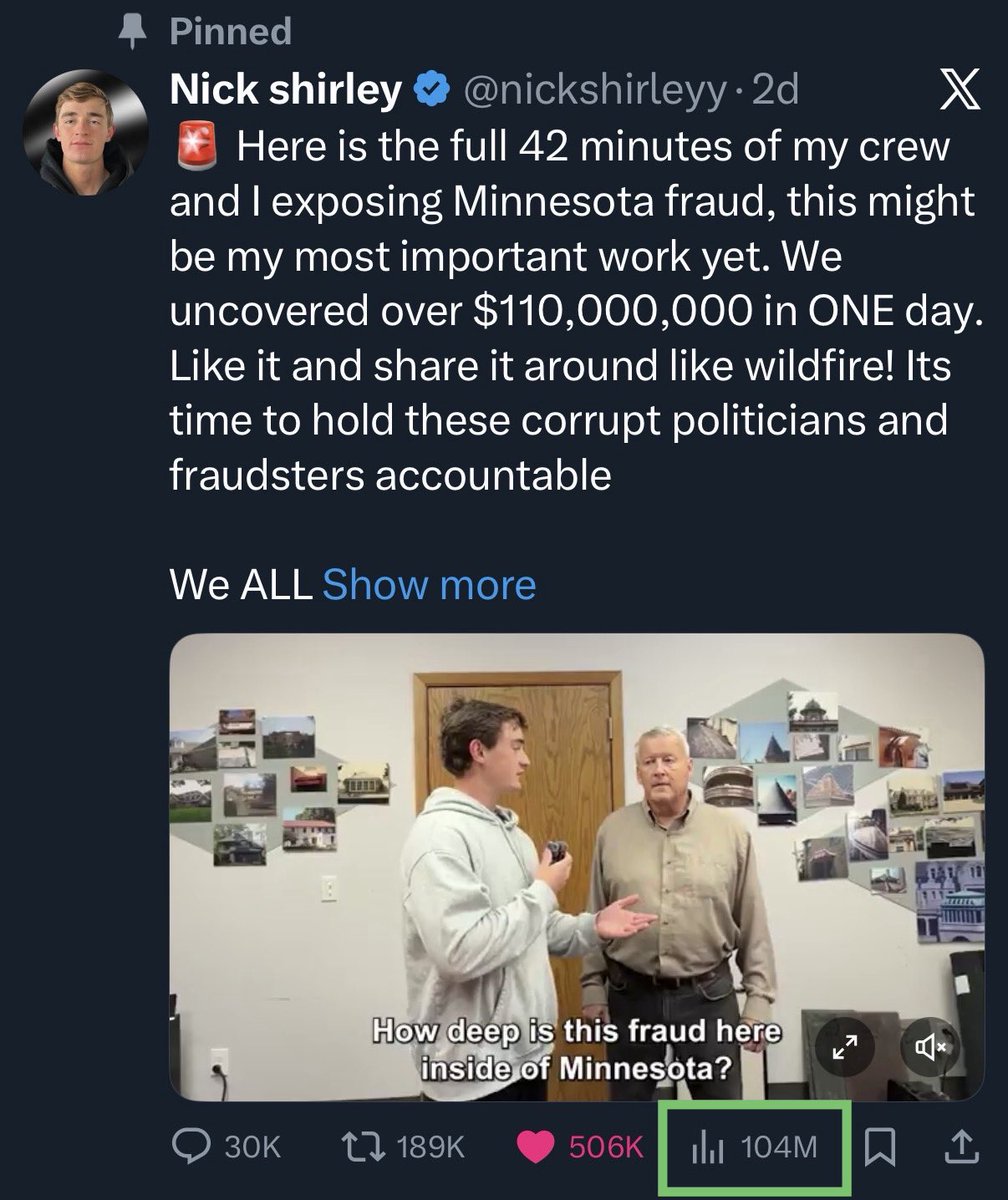 Teslaconomics's tweet photo. This is the power of 𝕏.

Nick Shirley is not a mainstream media reporter.
Has no major newsroom.
Has no corporate backing.
Has no political machine behind him.
He’s just an independent journalist following the paper trail that’s curious to find the truth. 

Nick has been investigating alleged fraud tied to Minnesota’s daycare and childcare assistance programs, many of which were connected to daycare centers (ran by Somali) receiving state and federal funds. What he uncovered through public records, interviews, and on-the-ground reporting, pointed to widespread abuse of taxpayer money… this was what has been uncovered. 

• Daycare centers were billing for children who weren’t present
• Inflated attendance and reimbursement claims
• Networks of organizations exploited oversight gaps
• Tens of millions in public funds flowed with little verification

According to his reporting, over $100M in suspicious or fraudulent activity was exposed in a single day! WTF. 

In the past, a story like this could’ve been buried:
• Too politically sensitive
• Too uncomfortable
• Too risky for advertisers

But on 𝕏, the investigation spread organically, shared by everyday people, other independent journalists, whistleblowers, and citizens who care about accountability. 

No gatekeeper stopped it.

Now there are over 100M+ eyes on this, a story legacy media either missed or avoided.

That’s the shift we’re living through right now.

𝕏 turns independent journalists into national watchdogs, allows people like us to decide what deserves attention, and thus makes corruption harder to hide, no matter who’s involved.

Buying Twitter for $44B was really priceless…