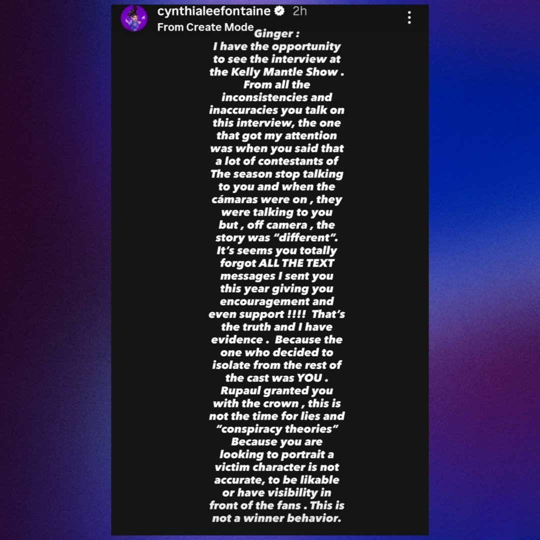 DragBasee's tweet photo. Cynthia Lee Fontaine has finally spoken out regarding Ginger Minj's statements.
"...Because the one who decided to isolate from the rest of the cast was YOU. RuPaul granted you the crown, this is not the time for lies and 'conspiracy theories'. https://t.co/S29jhnkkut