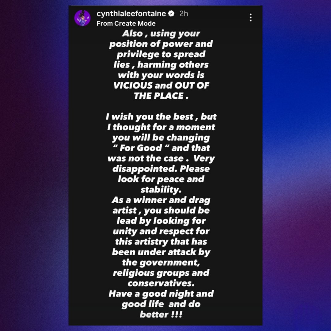 DragBasee's tweet photo. Cynthia Lee Fontaine has finally spoken out regarding Ginger Minj's statements.
"...Because the one who decided to isolate from the rest of the cast was YOU. RuPaul granted you the crown, this is not the time for lies and 'conspiracy theories'. https://t.co/S29jhnkkut