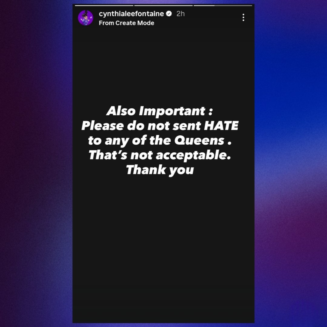 DragBasee's tweet photo. Cynthia Lee Fontaine has finally spoken out regarding Ginger Minj's statements.
"...Because the one who decided to isolate from the rest of the cast was YOU. RuPaul granted you the crown, this is not the time for lies and 'conspiracy theories'. https://t.co/S29jhnkkut