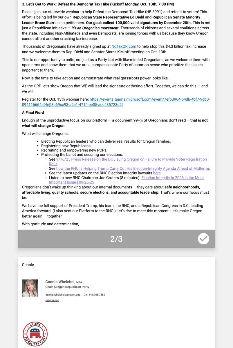 Michaela_1776's tweet photo. @Oregon_GOP @DeborahGall The Chair had an email sent statewide helping kick off #NoTaxOR. 

If you want a united Republican Party, you can start by supporting Republican initiatives...equally. 

We have lots of ideas to get over the finish line. 

#ENDVBM
#LetUsPaddle
#VoteBeforeTolls
#EndthDeathTax https://t.co/YGf8eN3jO5