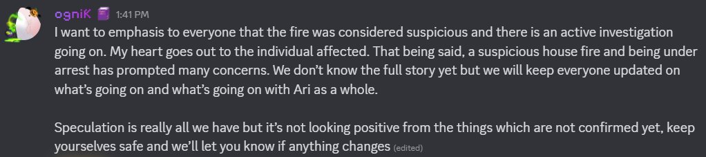 // fire/burning mentioned

Hello MTMB Community, incase you're wondering about <a href="/CorpseSyndrome/">CorpseSyndrome</a>'s absence on twt and are not in the server, she was involved in an incident involving a house fire about a week ago or two.
Here's the full announcement regarding the current situation.