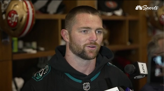 NBCS49ers's tweet image. Luke Gifford wore a San Jose Sharks jersey for his postgame interview 🤝