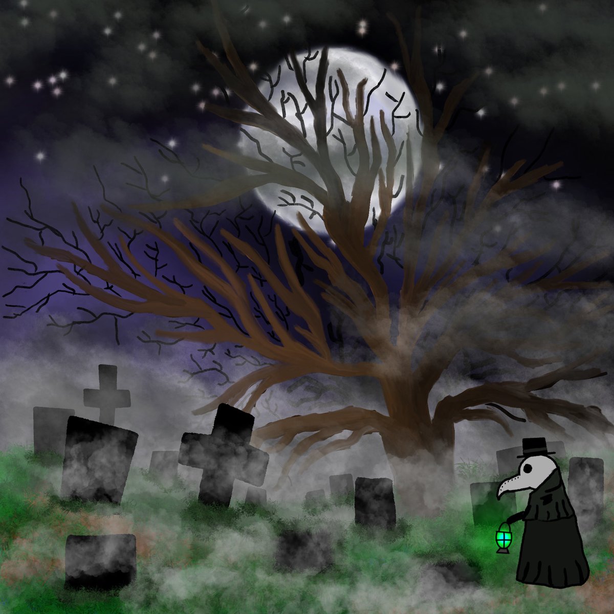 arius_palumbo's tweet photo. Something I made just because I felt spooky. #art #creppy #creepycute #PlagueDoctor #fullmoon #Procreate #procreateart https://t.co/sckxPRsuwR