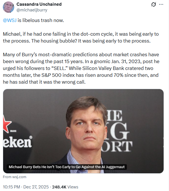 🔵BARCHART: Michael Burry attacca il Wall Street Journal: "Spazzatura calunniosa" dopo il suo avvertimento di vendere azioni a gennaio 2023, mentre l'S&P 500 cresce del 69%