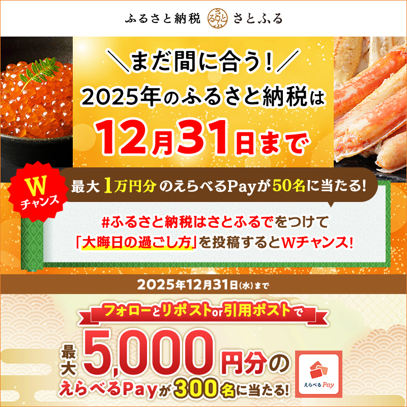satofull_promo's tweet image. ／
2025年のふるさと納税は本日まで！！！
＼

#ふるさと納税はさとふるで をつけて
「大晦日の過ごし方」を投稿すると、
Wチャンスで最大1万円分のえらべるPayが当たる🎁

【応募方法】
① @satofull_promo  をフォロー
②本投稿をリポスト or 引用ポスト…