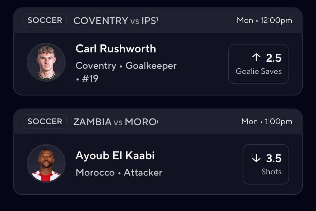 PropBry's tweet image. Monday's prop plays 🔥

Coventry vs Ipswich (12:30pmEST)  
Carl Rushworth OVER 2.5 Saves ↑  

Zambia vs Morocco (2:30pmEST)  
Ayoub El Kaabi UNDER 3.5 Shots ↓  

Like if tailing ⬇️ ⚽️