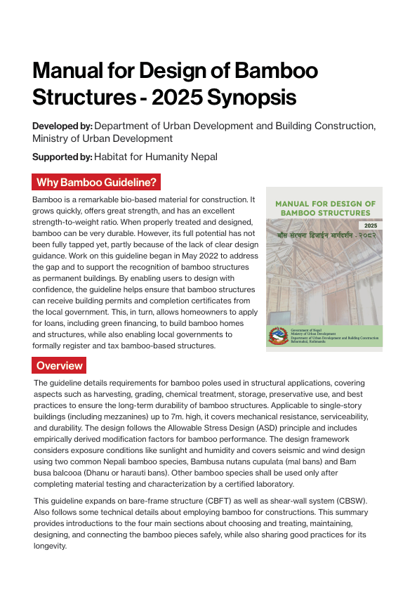 habitatnepal's tweet photo. The National Bamboo Guideline 2025 marks an important step toward advancing sustainable and climate-resilient construction in Nepal.

Explore the synopsis for key insights and refer to the full document for detailed technical guidance.

Full guideline: https://t.co/anRCSBVYy4 https://t.co/2Pv1GuUrEZ
