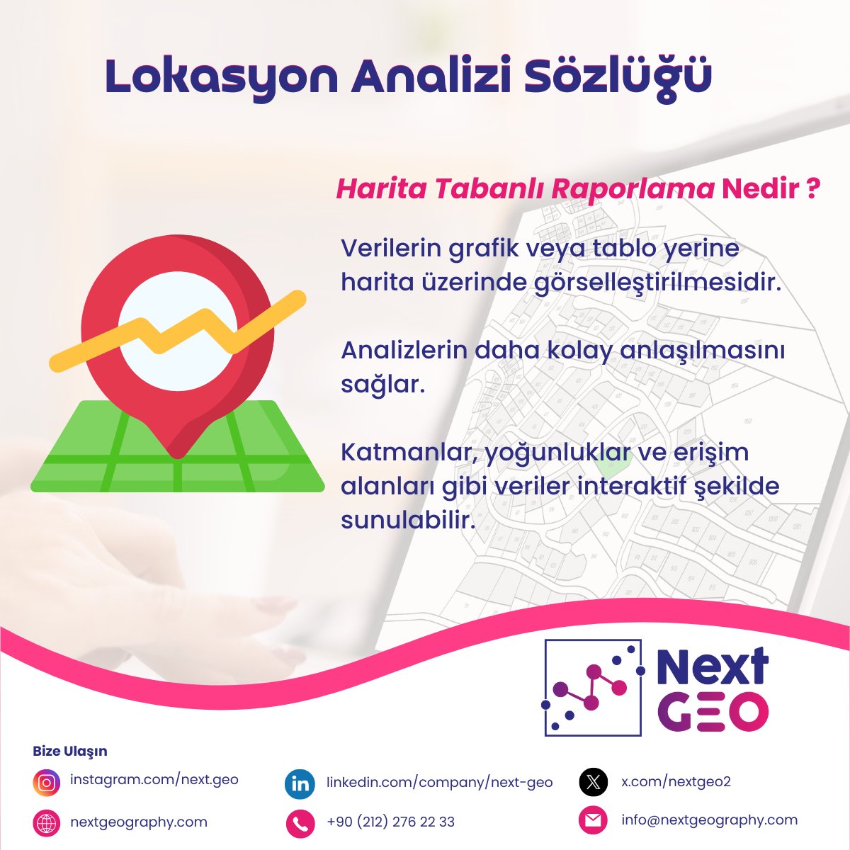 NextGeo2's tweet photo. Harita Tabanlı Raporlama

Verilerin grafik veya tablo yerine harita üzerinde görselleştirilmesidir. Analizlerin daha kolay anlaşılmasını sağlar. Katmanlar, yoğunluklar ve erişim alanları gibi veriler interaktif şekilde sunulabilir. https://t.co/sqADSGNA0p