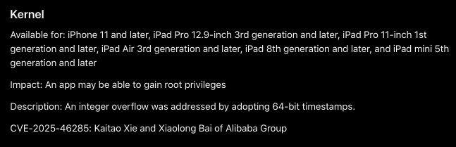 zerodaytraining's tweet image. iOS 26.1 has a candidate for root exploit:

CVE-2025-46285 can't provide kernel debugging or jailbreak, but may be useful as a stepping stone to bootstrap visibility into iOS internals, and find a bug that can.
