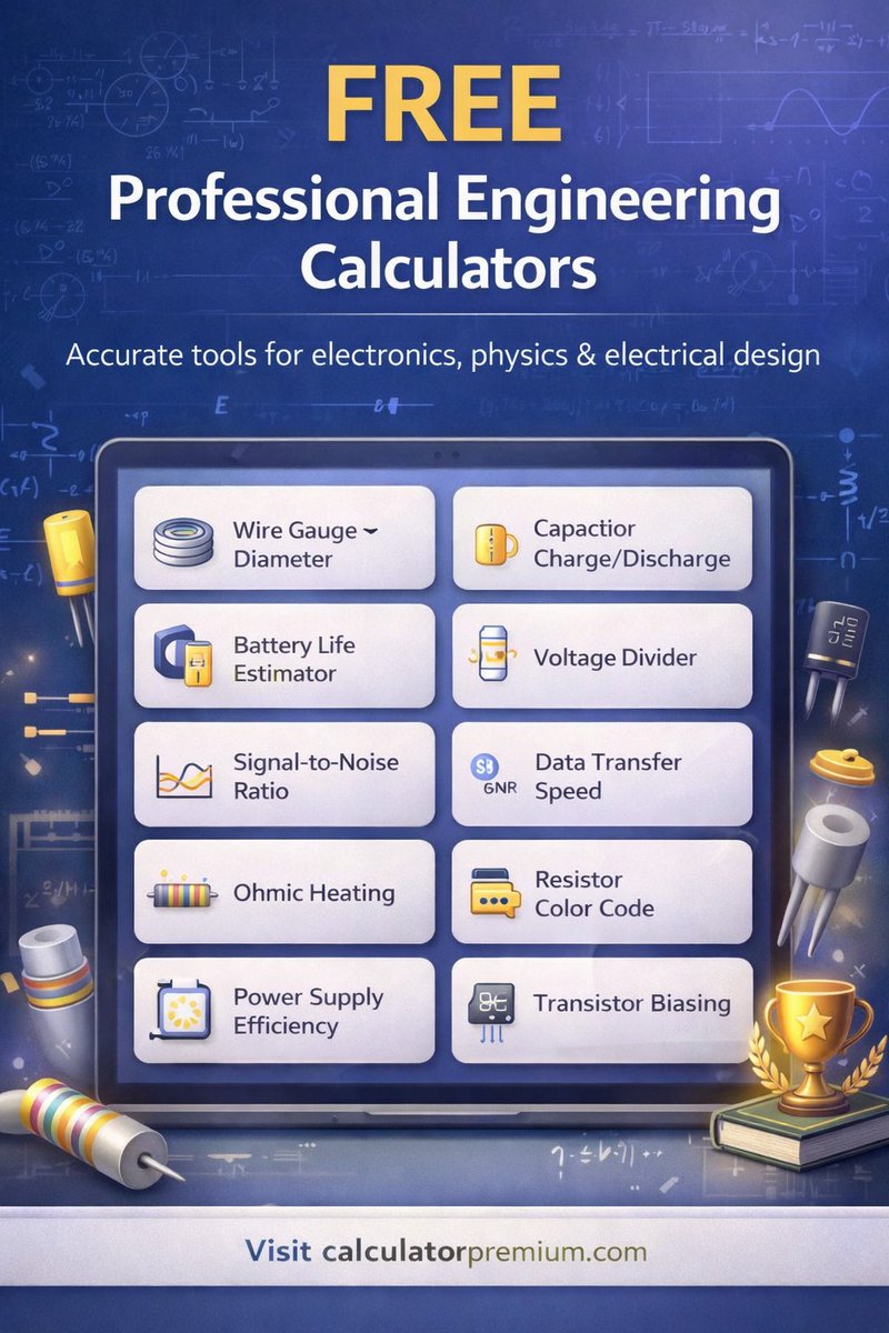 calculatorprem's tweet photo. FREE Engineering Calculators – Electronics &amp; Physics Tools

👉 Visit https://t.co/Q2wP8fhFbt
Access FREE Professional Engineering Calculators for electronics, physics, and electrical engineering.

#FreeEngineeringTools
#EngineeringCalculators
#ElectronicsTools
#PhysicsCalculators https://t.co/i0hXOvMhlY