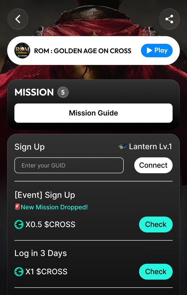 ROM x CROSS PLAY Event Update🚀

Big news for all <a href="/ROMonCROSS/">ROM: Golden Age on CROSS</a> players on CROSS PLAY.
We’ve boosted the Sign Up mission reward by 5x!

Sign Up Reward
 - 0.1 $CROSS → 0.5 $CROSS

This upgrade applies to everyone:
- New players joining ROM
- Existing players who already completed