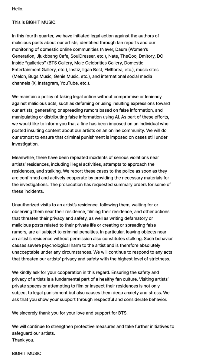 TheePopCore's tweet image. BigHit Music issues an official notice confirming legal action against malicious posts and stalking targeting BTS, reaffirming zero tolerance for privacy violations.