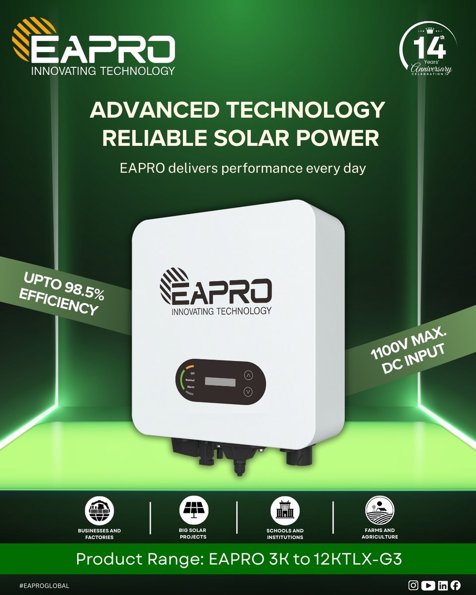 EaproGlobal's tweet photo. ⚡ Advanced Technology. Reliable Solar Power.
Power your future with EAPRO Solar Inverters — delivering up to 98.5% efficiency with 1100V max DC input for maximum performance every day.
Perfect for businesses, big solar projects, schools, and agriculture.
#EAPRO #SolarPower https://t.co/yNhgpmo8Xo