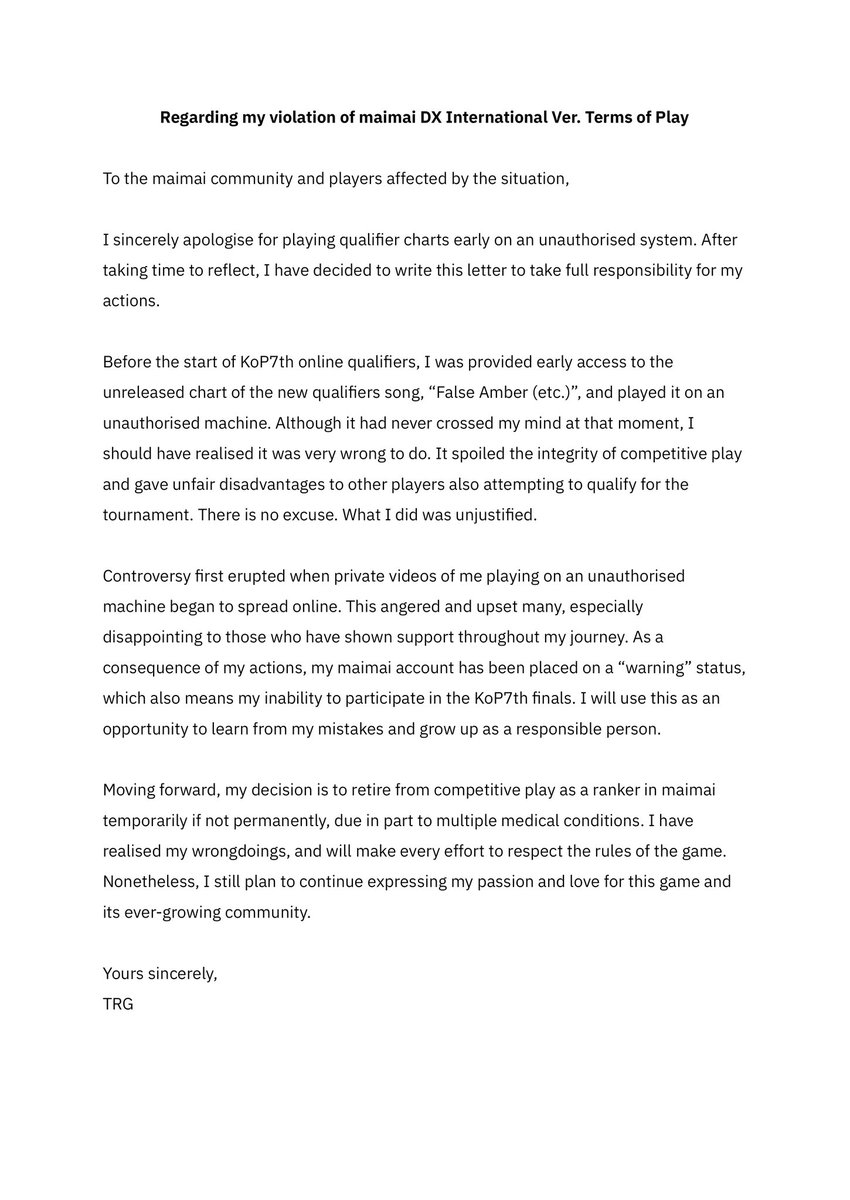 Regarding my violation of maimai DX International Ver. Terms of Play