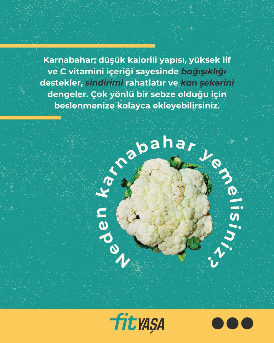 Karnabahar; liften zengin yapısıyla sindirimi destekler, uzun süre tok kalmanıza yardımcı olur. Bağışıklık sistemini destekleyen antioksidanlar içerir, bağırsak sağlığını korumaya katkı sağlar. 🥦✨
#HaydiSenDeFitYaşa