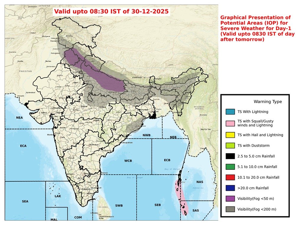 DDNewslive's tweet image. Graphical Presentation of Potential Areas for Severe Weather (IOP) for today

#WeatherUpdate #Fog #ColdDay #ColdWave #VisibilityReport #WeatherConditions #IndiaWeather