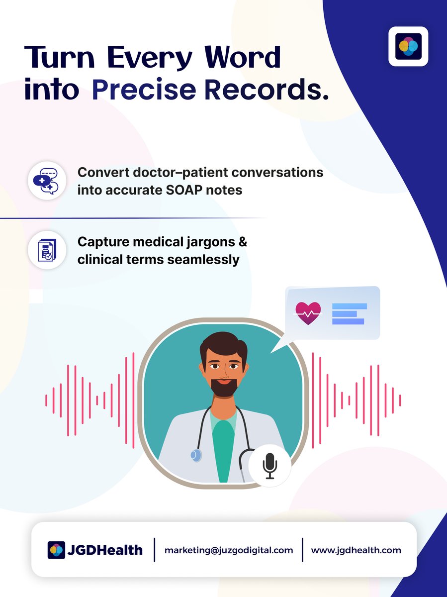 JGDHealth_in's tweet photo. From spoken words to precise SOAP notes.
Fast. Accurate. Seamless.
Upgrade your workflow with JGDHealth Scribe.
#SOAPNotes #DigitalHealthcare https://t.co/6Z0FYpsSwU