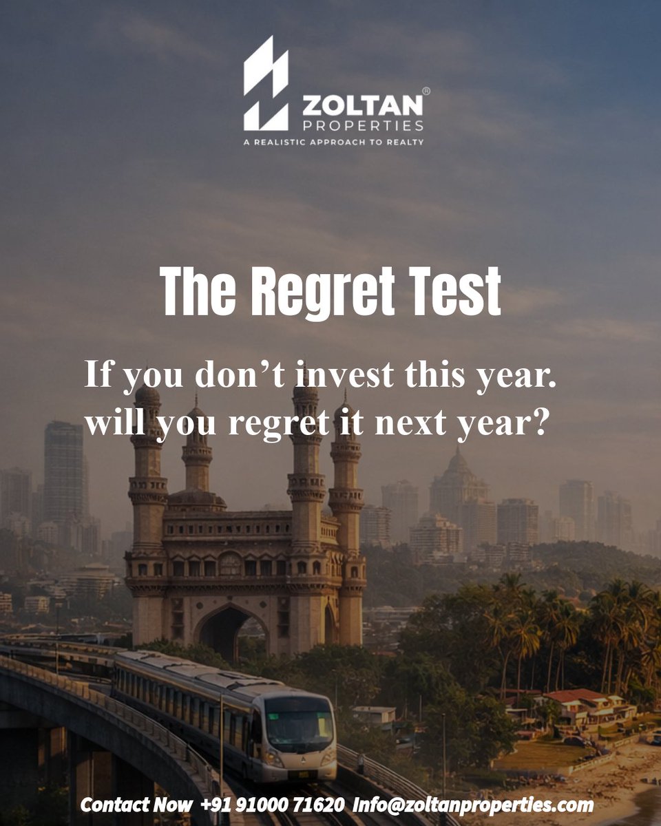 ZOLTANPROPERTI1's tweet photo. The Regret Test
If you don’t invest this year…
will you regret it next year?
Real estate regret doesn’t come from bad decisions.
It comes from no decisions.
Hyderabad, Goa, and Dubai are already on their next growth curve.
#TheRegretTest #DecideToday #RealEstateMindset https://t.co/Bpn5nB6QL5
