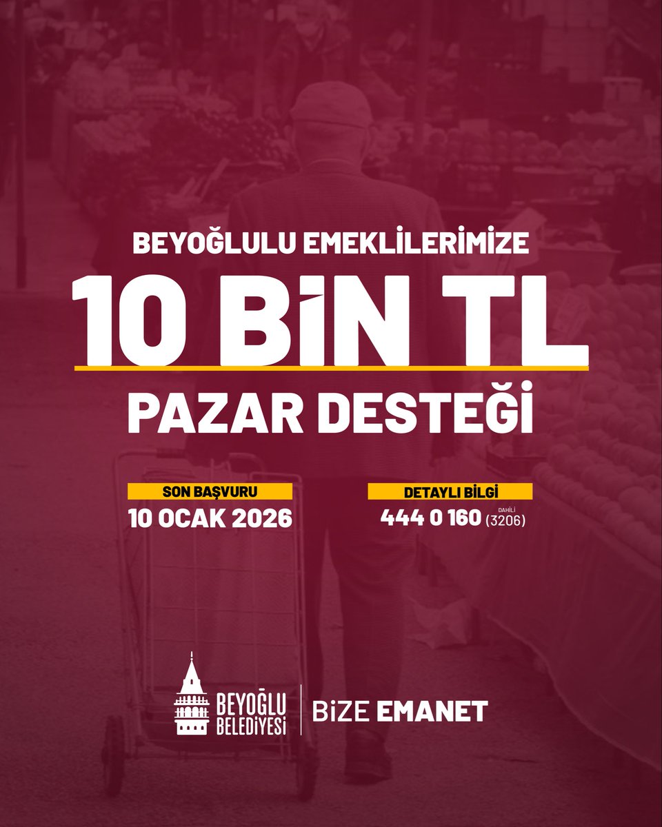 Büyüklerimizin yükünü hafifletiyoruz.

Beyoğlu’nda ikamet eden emeklilerimiz için 10 bin TL pazar desteğimiz başlıyor.

🗓️ Son Başvuru Tarihi 10 Ocak 

📞  444 0 160 numaralı Çağrı Merkezi’mizi arayabilir,

🔗 beyoglu.bel.tr/emekli-pazar-d… den başvuru yapabilirsiniz.