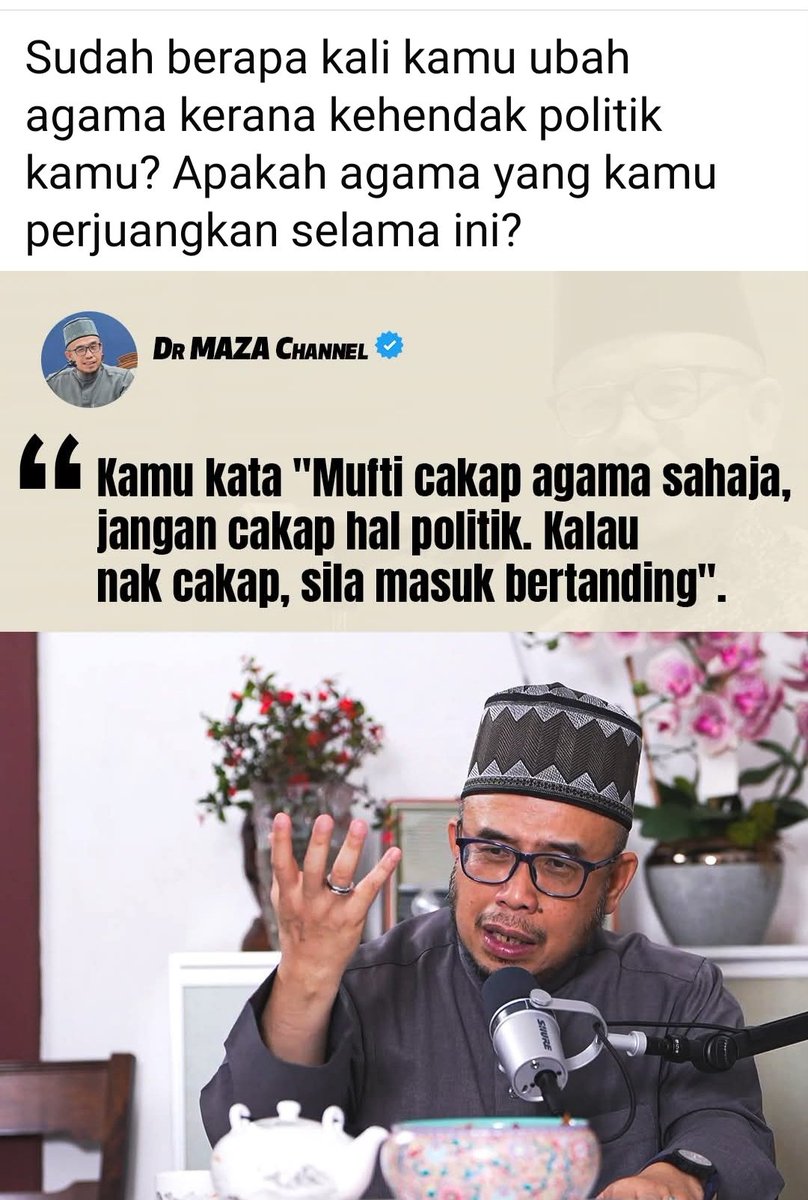 Alhamdulillah Terbaek Dr. MAZA.

Setempek tepat kena muka 𝗧𝘂𝗸𝗮𝗻𝗴 𝗨𝘀𝘂𝗻𝗴 𝗕𝗲𝗴 𝗛𝗮𝗱𝗶

𝗧𝘂𝗸𝗮𝗻𝗴 𝗨𝘀𝘂𝗻𝗴 𝗕𝗲𝗴 𝗛𝗮𝗱𝗶 boleh cakap "Mufti cakap agama sahaja, jangan cakap hal politik. Kalau nak cakap, sila masuk bertanding".

Apa punya benak pemikiran