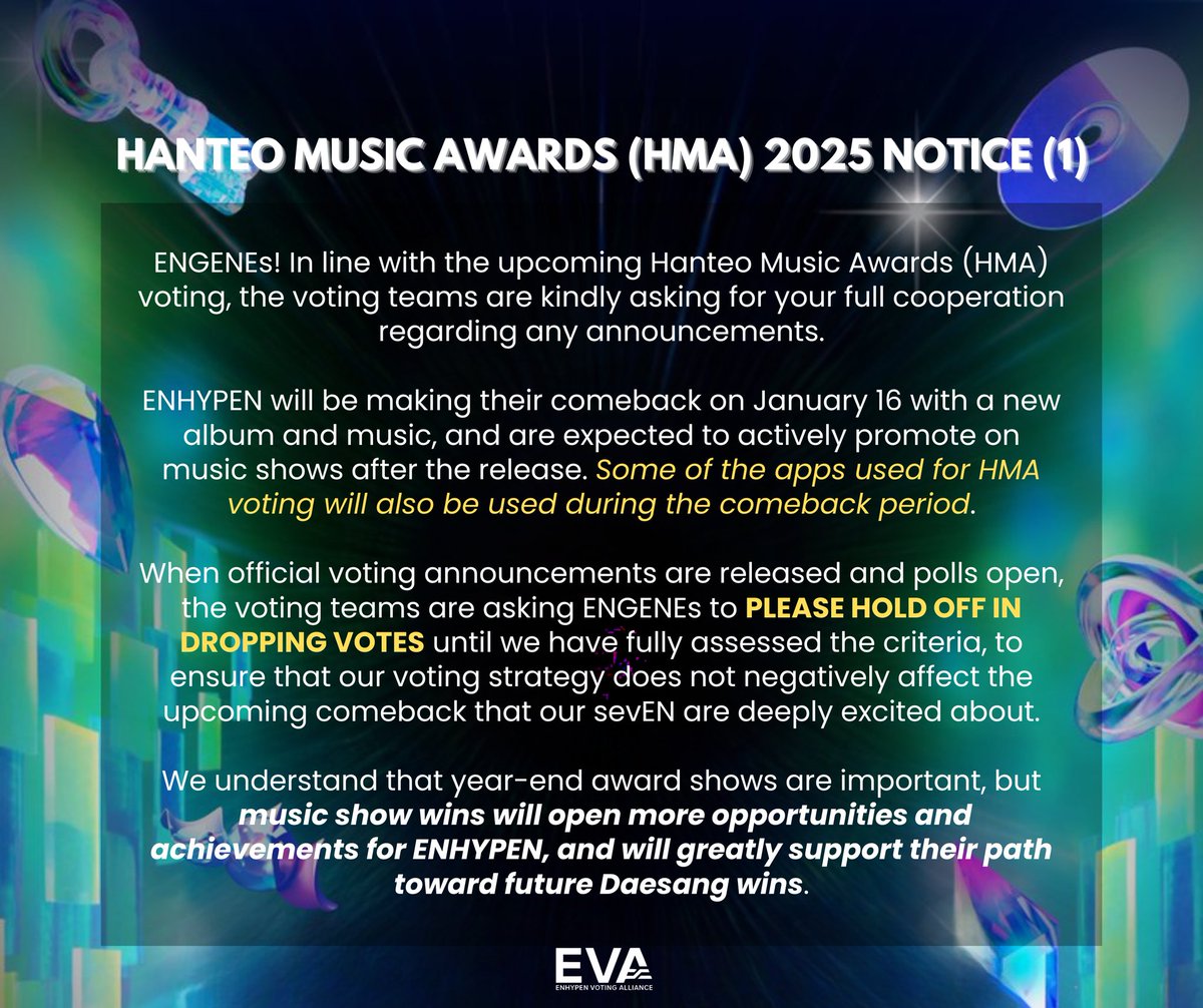 ENCREASEVT's tweet image. [𝗡𝗢𝗧𝗜𝗖𝗘—𝗛𝗔𝗡𝗧𝗘𝗢 𝗠𝗨𝗦𝗜𝗖 𝗔𝗪𝗔𝗥𝗗𝗦🏆]

We advise all ENGENES to focus on the bigger awards mentioned in our post and read our statement carefully regarding HMA.

We are kindly asking NOT to drop any votes on the apps yet once it's open, as we will focus on…