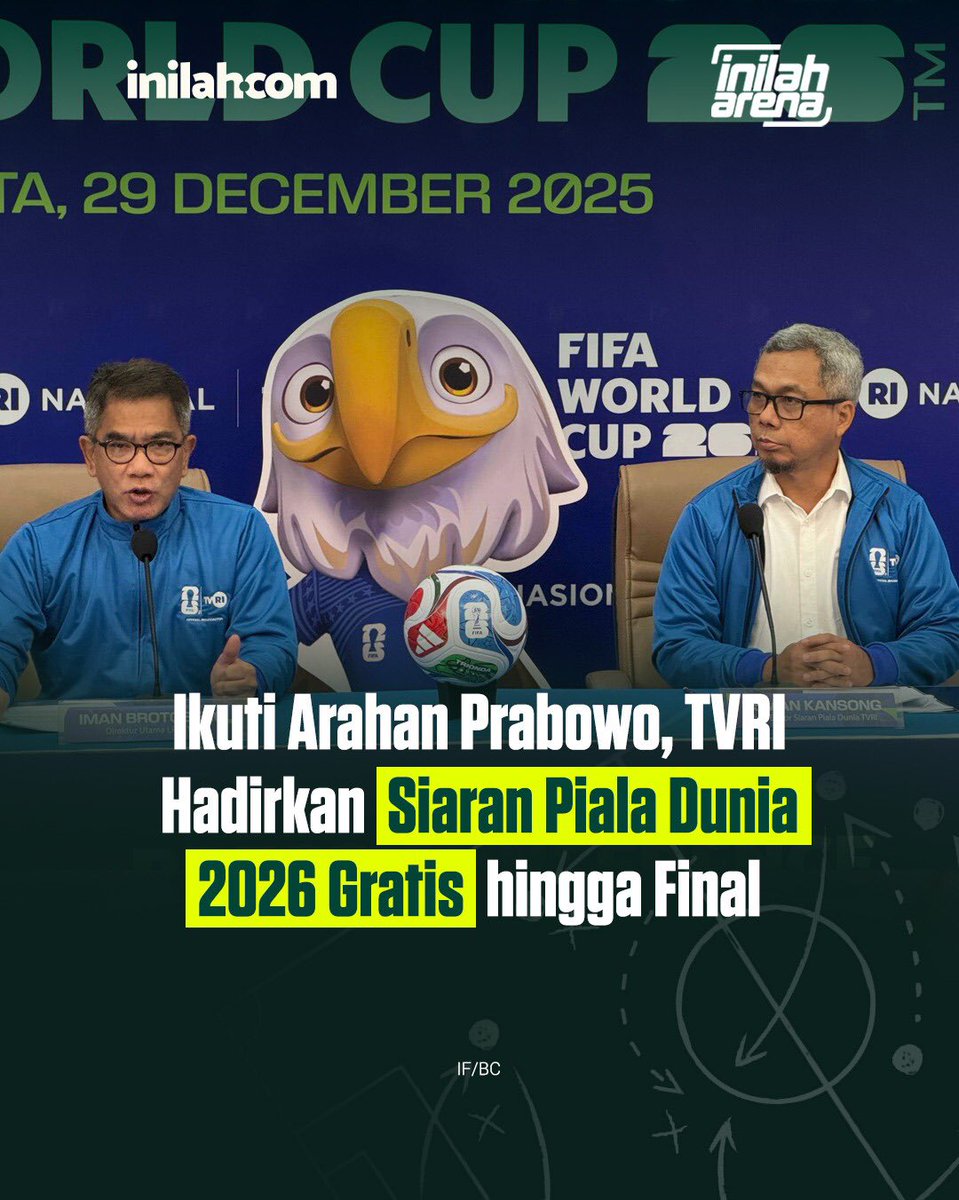 inilahdotcom's tweet image. Televisi Republik Indonesia (TVRI) resmi memegang hak siar FIFA World Cup 2026 untuk wilayah Indonesia. Kepastian tersebut diumumkan langsung Direktur Utama LPP TVRI, Iman Brotoseno, dalam jumpa pers di GPO LPP TVRI, Jakarta, Senin (29/12/2025).

“Hari ini dengan rasa syukur dan…