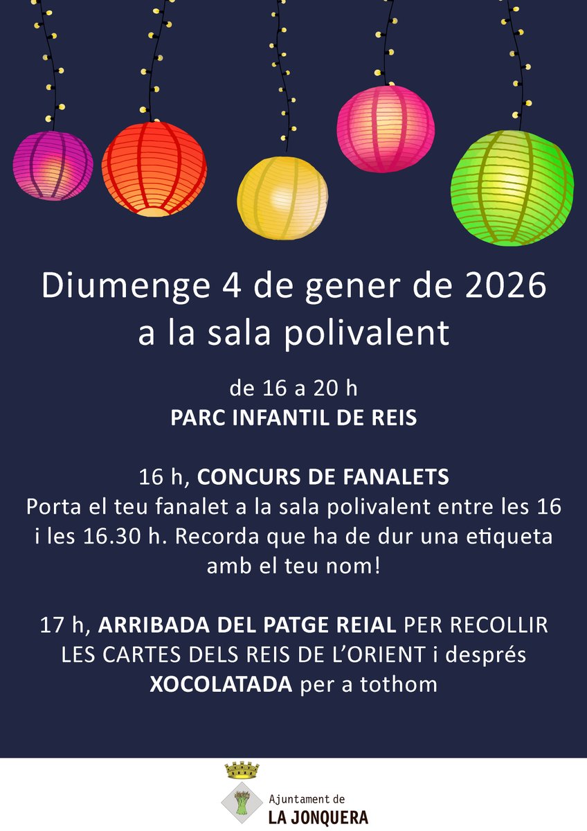✨ Una tarda de màgia a la sala polivalent! 👑

🎄 Aquest diumenge 4 de gener, de 16 a 20 h, l'equipament s’omplirà d’il·lusió amb el Parc Infantil de Reis, el concurs de fanalets, l'arribada del Patge Reial i la xocolatada per a tothom 🌟

#LaJonquera