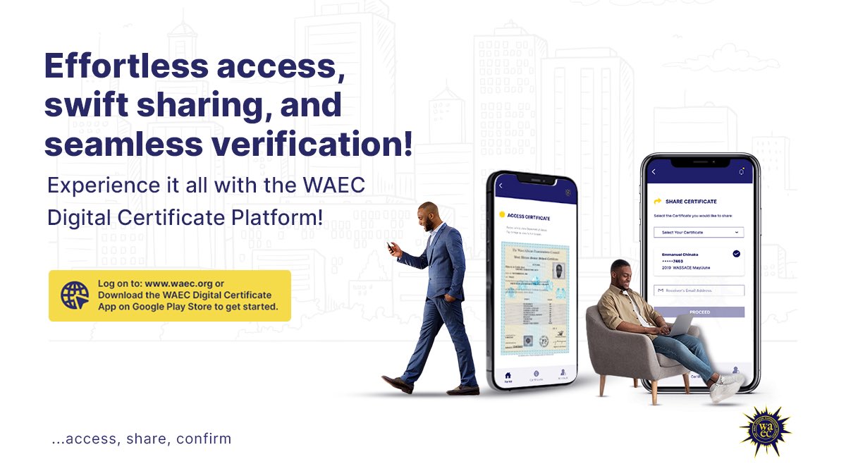 waecdigitalcert's tweet image. Accessing, sharing and confirming WAEC certificates have never been easier. Log on to waec.org/?utm_source=X or download the app on the google play store  shorturl.at/Fpomt to get started!       #waec #certificate #exam #waecexam  #waeccertificate