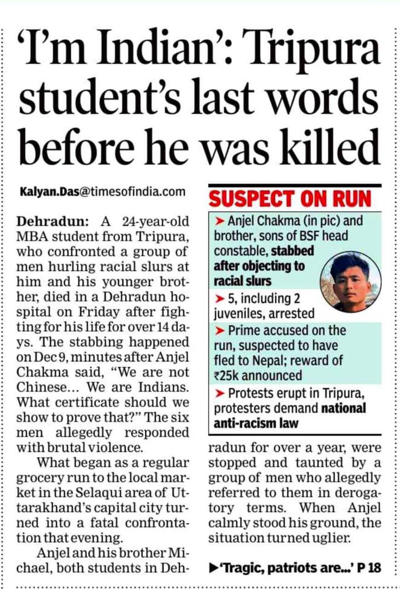 RahulGandhi's tweet image. What happened to Anjel Chakma and his brother Michael in Dehradun is a horrific hate crime.

Hate doesn’t appear overnight. For years now it is being fed daily - especially to our youth - through toxic content and irresponsible narratives. And it’s being normalised by the…