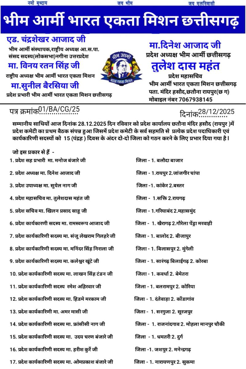 दिनांक 28/12/2025 को भीम आर्मी छत्तीसगढ़ का प्रदेश स्तरीय बैठक प्रदेश कार्यालय रायपुर मंदिर हसौद छतौना में संपन्न हुआ बैठक में प्रदेश अध्यक्ष मा.दिनेश आजाद जी ने संगठन विस्तार हेतु प्रदेश के सभी पदाधिकारी व सदस्यों को कार्य आवंटित किया! <a href="/BhimArmyChief/">Chandra Shekhar Aazad</a> <a href="/VinayRatanSingh/">Vinay Ratan Singh</a>