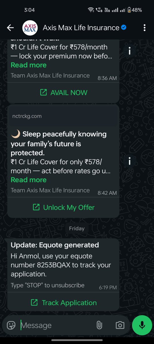 BelsareJayesh's tweet photo. @AxisMaxLifeIns 
Getting bombarded with insurance quotes from different reps linked to my SAME number—non-stop annoyance despite refusals! Stop this spam &amp; honor DND.@TRAI
#insurance scam https://t.co/t4UsjB78kv