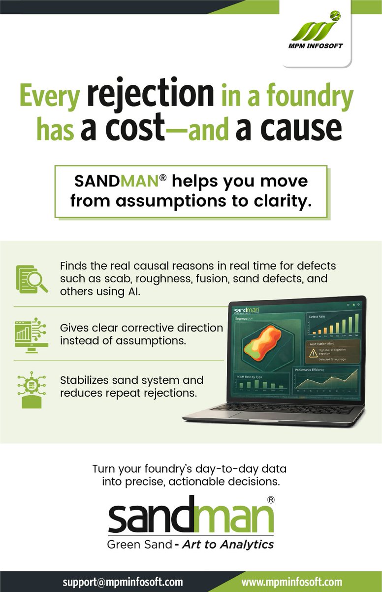 💡 Every rejection in your foundry has a cost—and a reason!

📩 sales@mpminfosoft.com |Support@mpminfosoft.com

#foundry #castings #greensand #foundrytechnology #processoptimization #smartmanufacturing #castingdefects #foundrysolutions #sandman