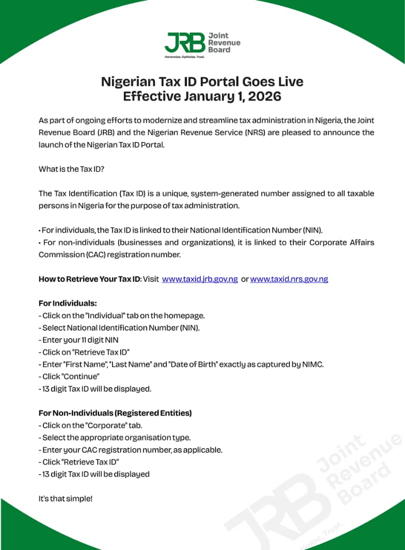 OfficialJRBNg's tweet image. Important Updates on Tax ID
#JRB #TaxID @FIRSNigeria @YourVoiceAtIRS @taiwoyedele