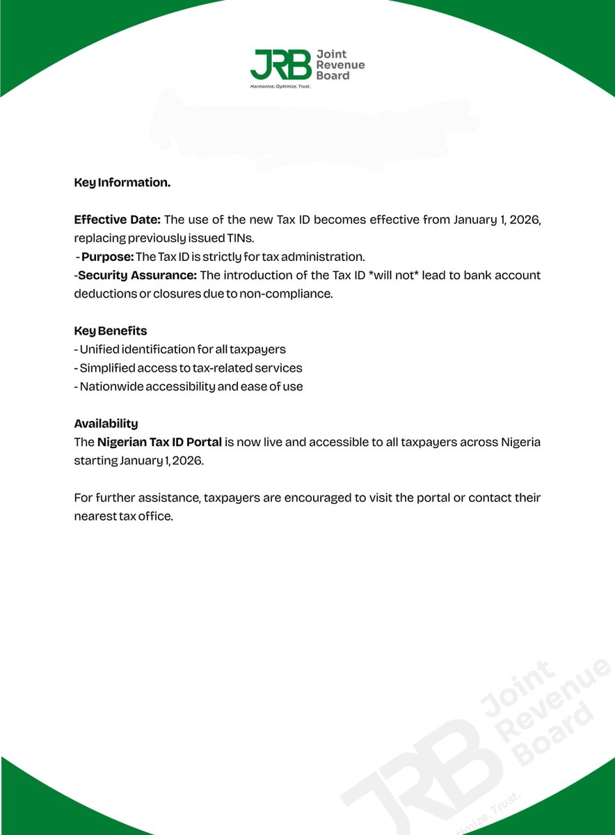 OfficialJRBNg's tweet image. Important Updates on Tax ID
#JRB #TaxID @FIRSNigeria @YourVoiceAtIRS @taiwoyedele