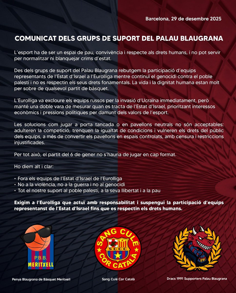 📄 Comunicat sobre el partit del pròxim 6 de gener contra el Maccabi i la participació dels equips d’Israel a l’Eurolliga.