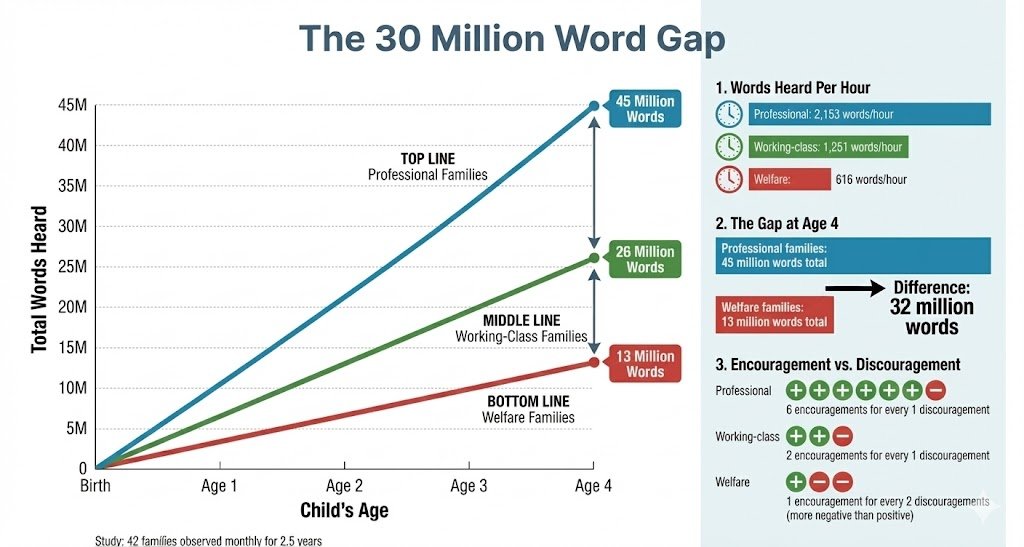 turing_hamster's tweet image. one of the best gifts you can give your child is one of the simplest, and completely free (in terms of money)

the "30 Million Word Gap" study is one of the most cited pieces of research in early childhood education

researchers followed 42 families for 2.5 years, recording every