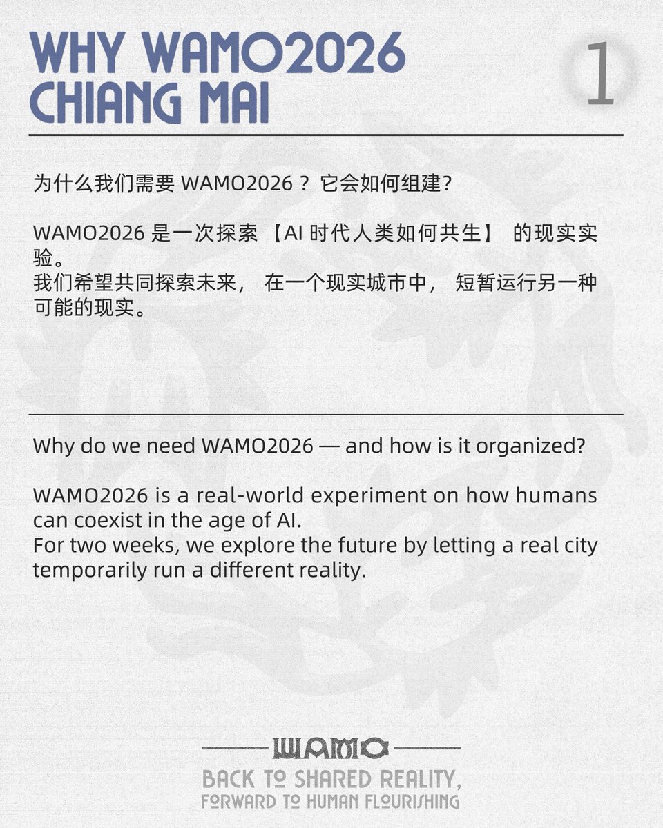Why do we need WAMO2026 — and how is it organized?

WAMO2026 is a real-world experiment on how humans can coexist in the age of AI.
For two weeks, we explore the future by letting a real city temporarily run a different reality.
