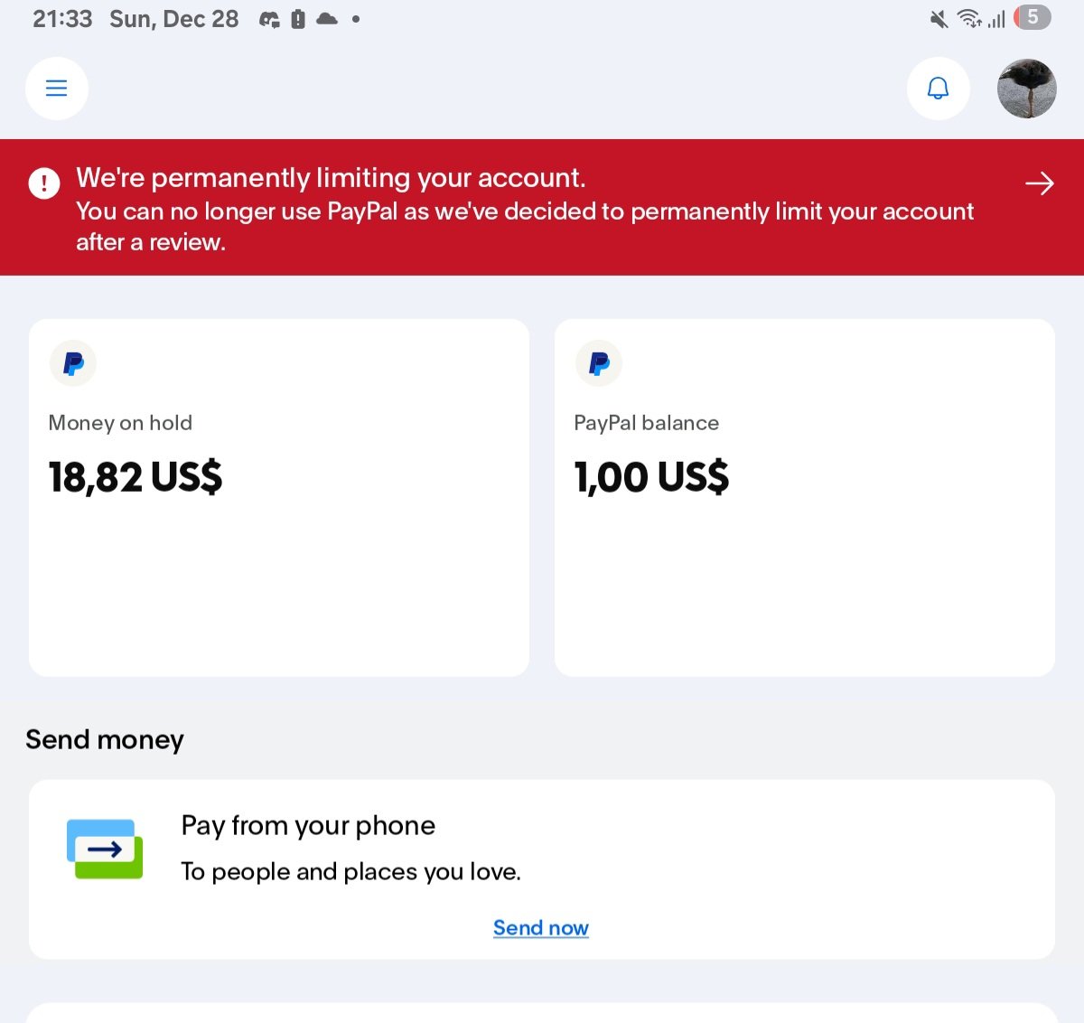 alright so, right after my first c0mmission with a close friend, paypal just decides to assume suspicious activity on my account and limit it.

my only activity is
>bro giving me a dollar
>close friend paying me 20 dollars for a c0mm

very cool