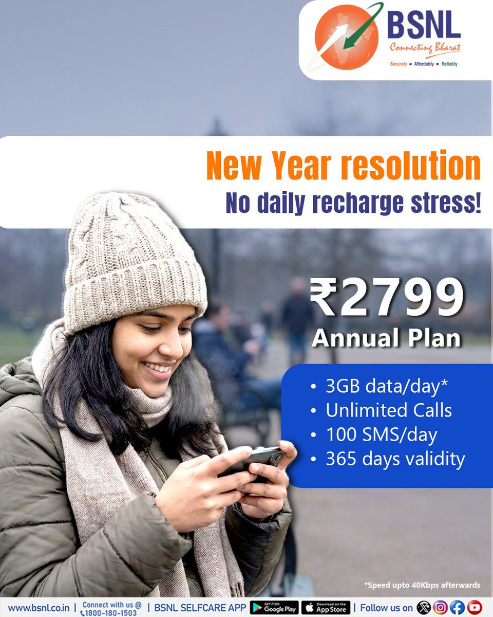 Start your New Year stress-free with BSNL ₹2799 Annual Plan, offering 3GB data/day, unlimited calls, 100 SMS/day and 365 days validity, full year of seamless connectivity on Bharat’s trusted Swadeshi network